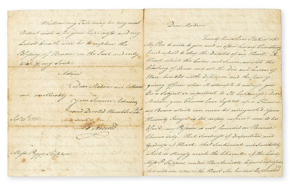(AMERICAN REVOLUTION.) BENEDICT ARNOLD. Autograph Letter Signed, B Arnold, to his future wife (Peggy),